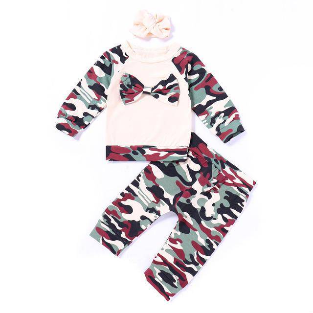 Baby Girl Striped Camo Headband Outfit Set Army Green