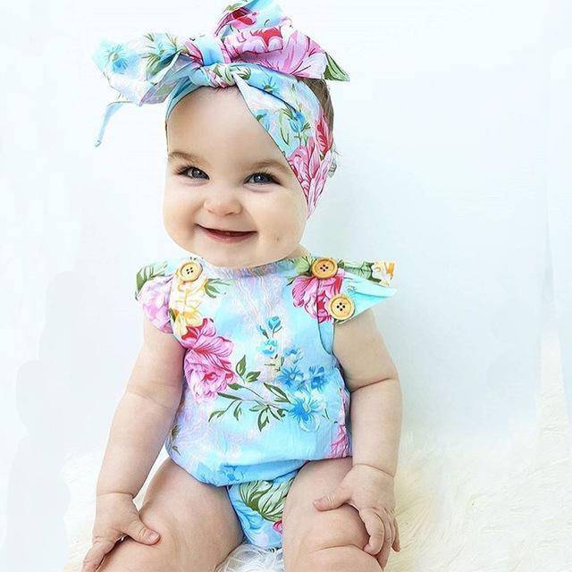 Baby Girls Bodysuit Flower Headband Outfit Blue