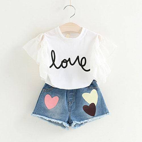 Baby Girls Bow Lace Sling Shirt Denim Shorts white