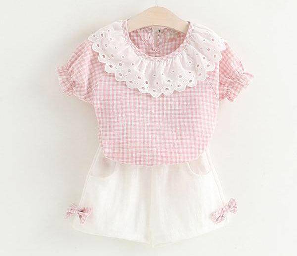 Baby Girls Bow Lace Sling Shirt Denim Shorts Pink White
