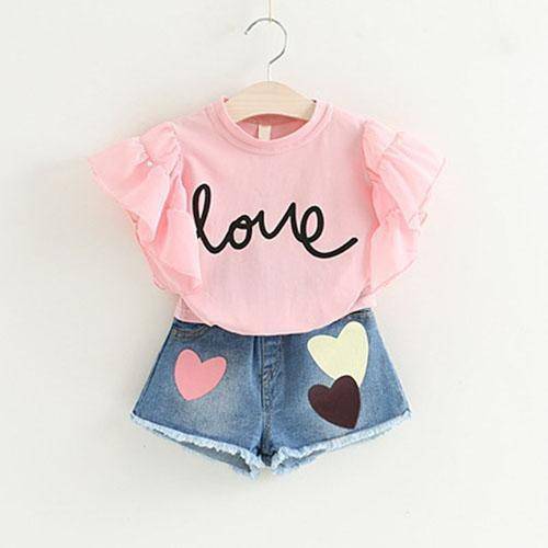 Baby Girls Bow Lace Sling Shirt Denim Shorts Pink Blue