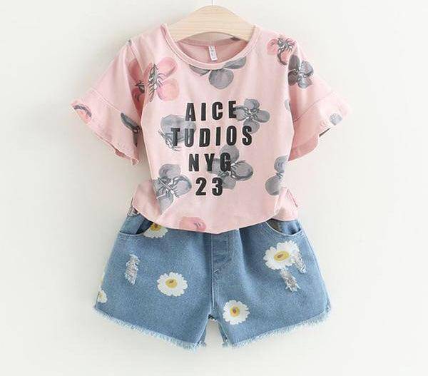 Baby Girls Bow Lace Sling Shirt Denim Shorts Pink