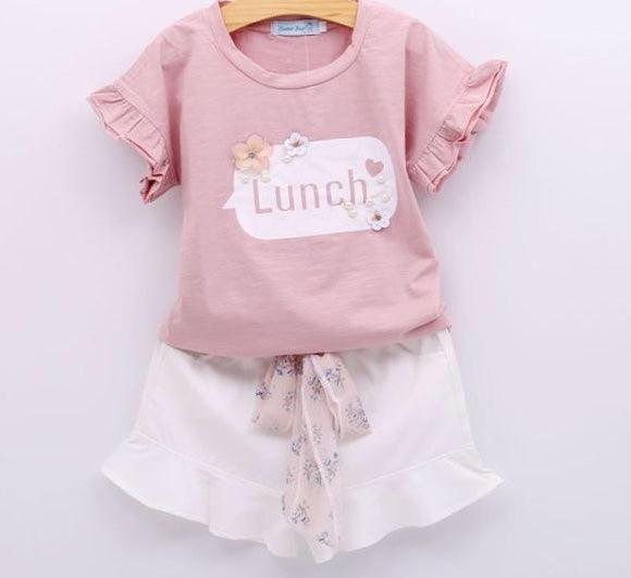 Baby Girls Bow Lace Sling Shirt Denim Shorts Light Pink