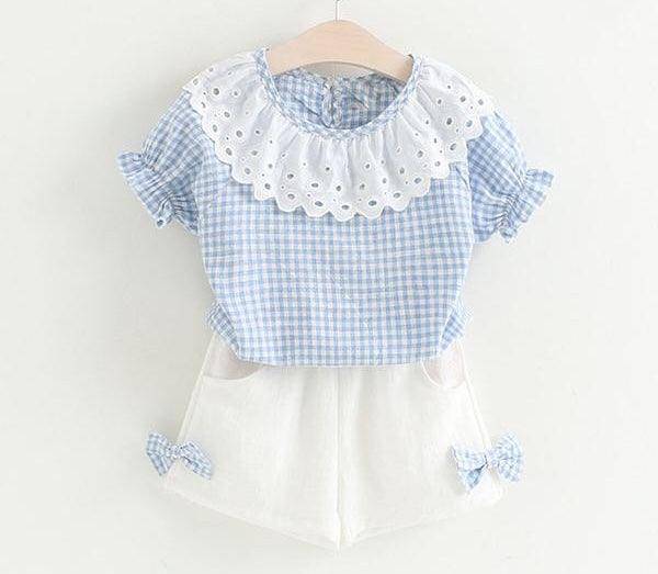 Baby Girls Bow Lace Sling Shirt Denim Shorts Sky Blue