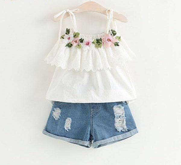 Baby Girls Bow Lace Sling Shirt Denim Shorts Beige