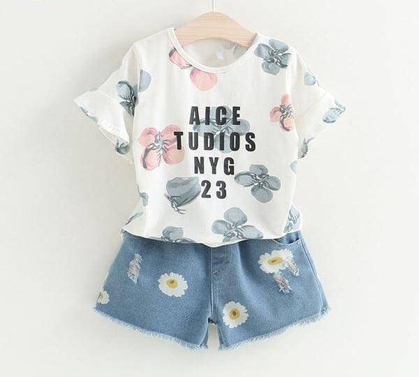 Baby Girls Bow Lace Sling Shirt Denim Shorts white Blue