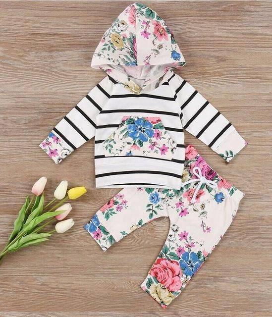Baby Girls Hoodie Sets Tops Flower Pant White