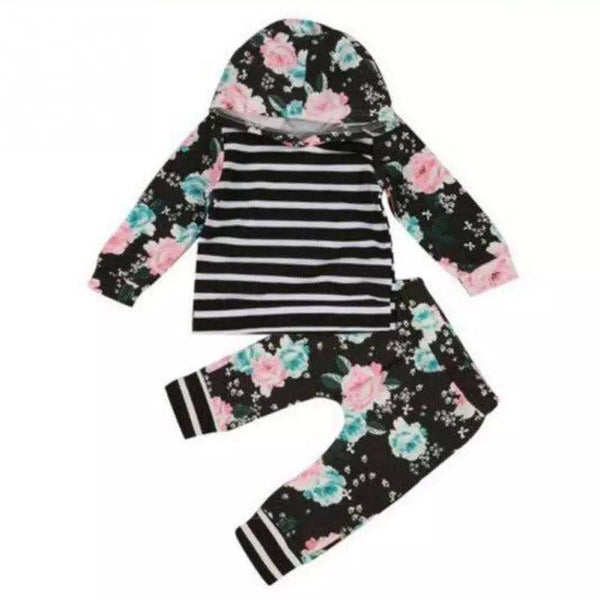 Baby Girls Hoodie Stripe Flower Sweatshirt Pants Black