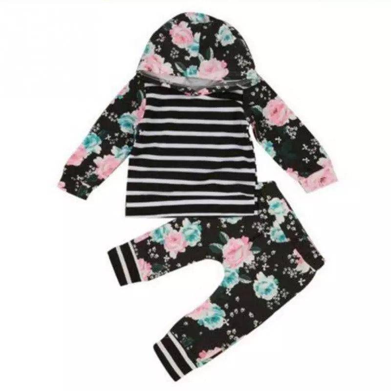 Baby Girls Hoodie Stripe Flower Sweatshirt Pants Black