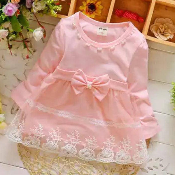 Baby Girls Long Sleeve Lace Bow Birthday Dress Pink