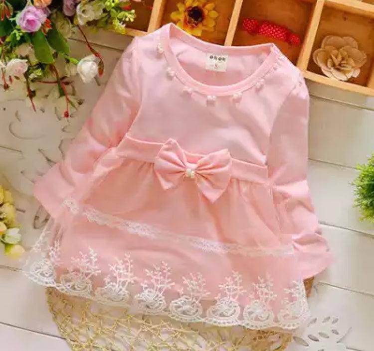 Baby Girls Long Sleeve Lace Bow Birthday Dress Pink