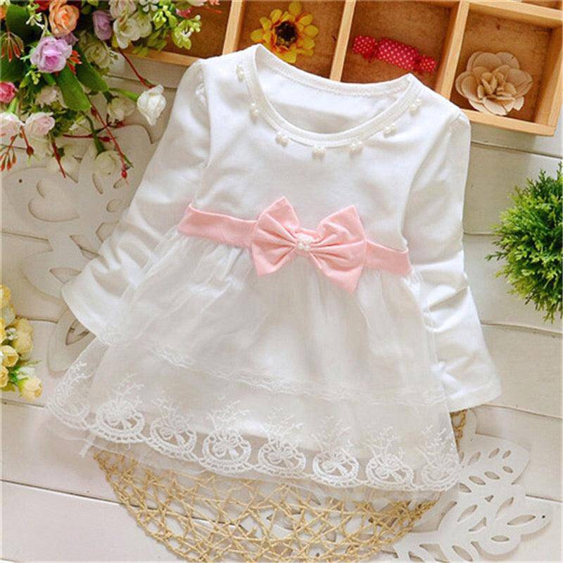 Baby Girls Long Sleeve Lace Bow Birthday Dress White