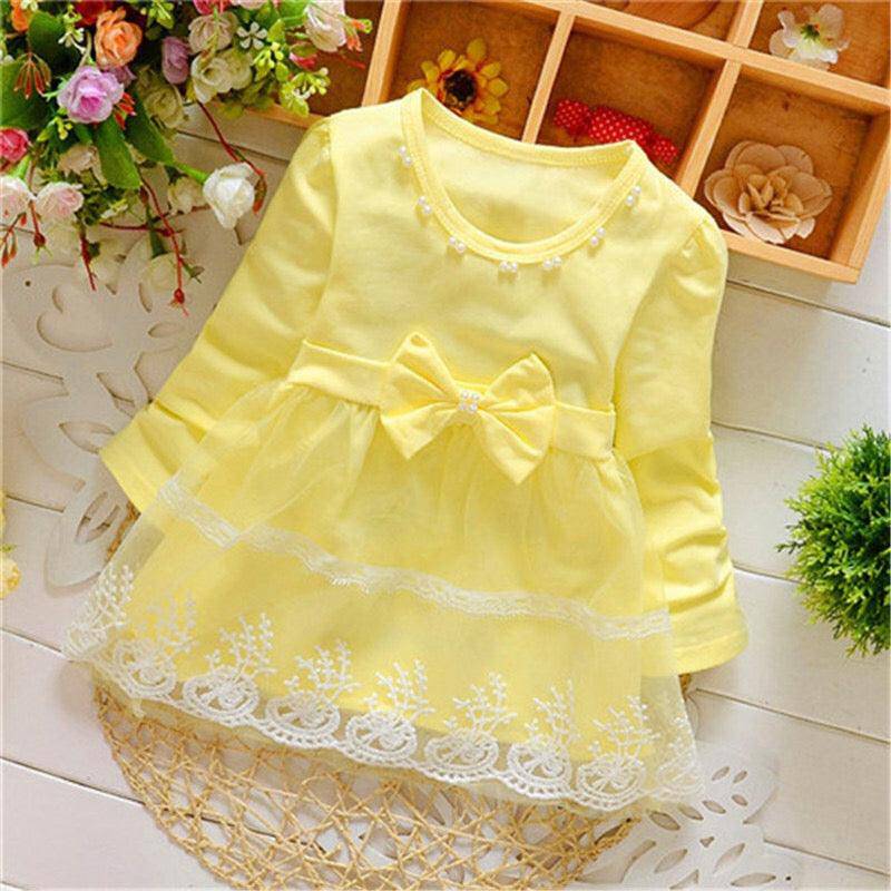 Baby Girls Long Sleeve Lace Bow Birthday Dress Yellow