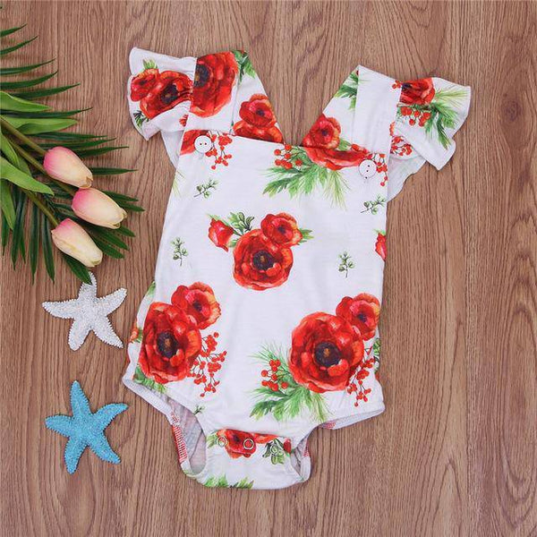 Baby Girls Romper Flower Backless Jumpsuit Red