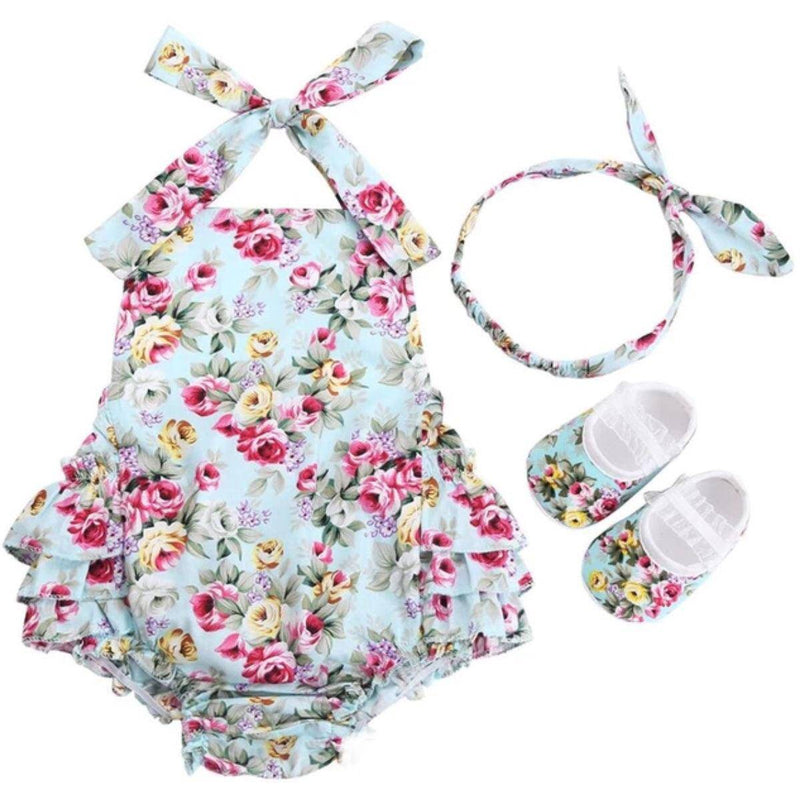 Baby Girls Sets Headband Shoe Romper Light blue