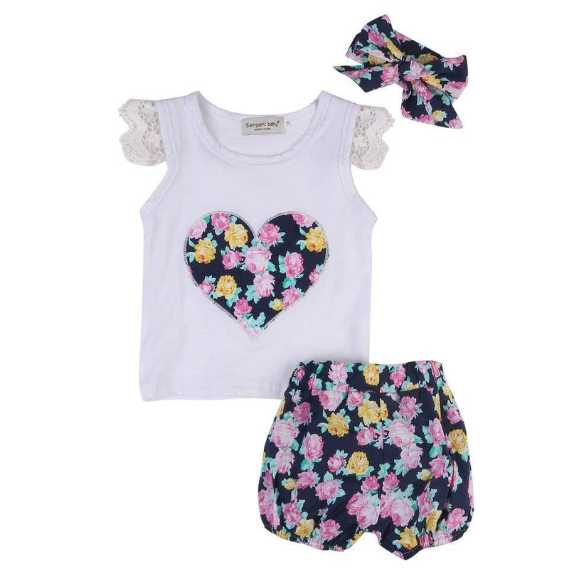 Baby Girls Toddler Floral Tops Bloomer Headband Outfit Blue