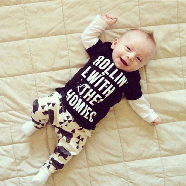 Baby Unisex Boys Girls T Shirt Pants Outfit Clothes Black Grey
