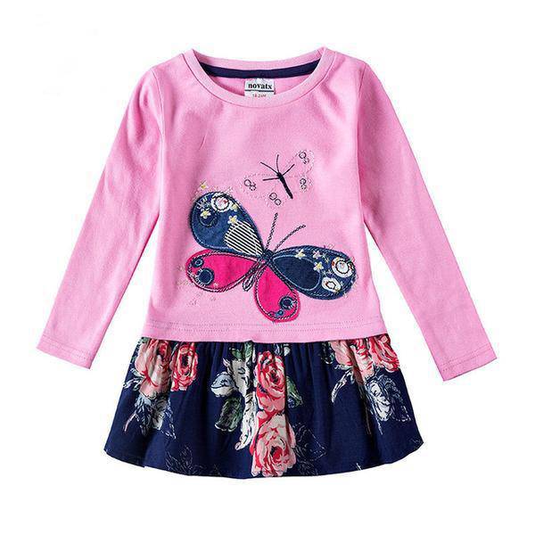 Beautiful Casual Floral Embroidery Girls Dress Pink Dark Blue