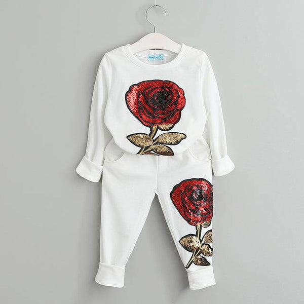 Beautiful Girls Rose Floral Embroidered Outfit White