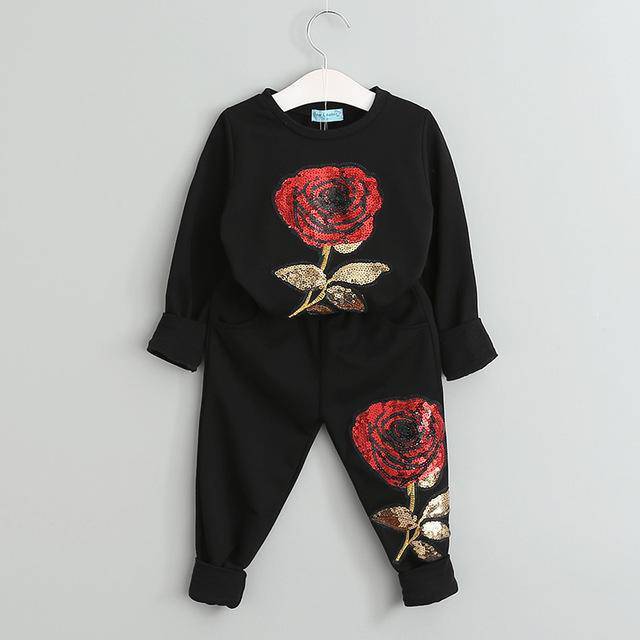 Beautiful Girls Rose Floral Embroidered Outfit Black