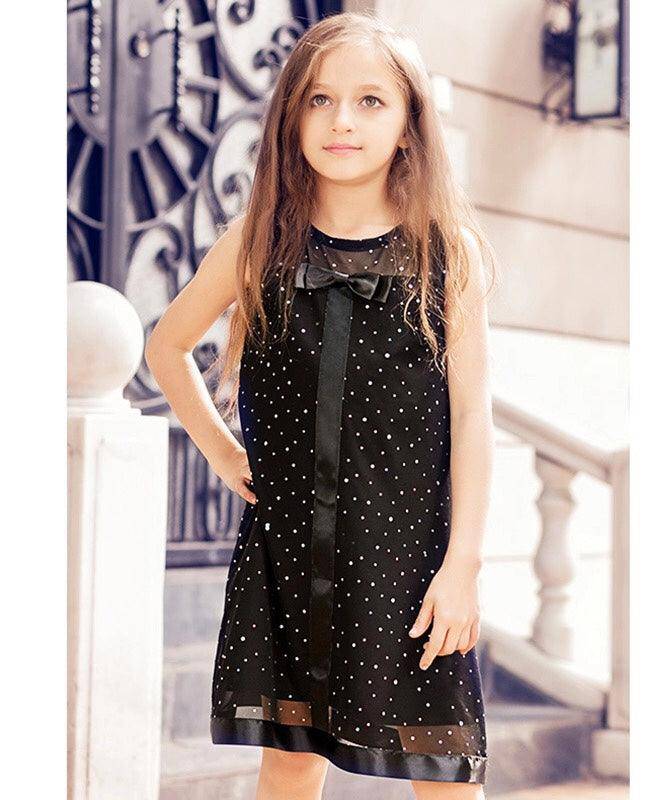Black Cute Bowknot Sequined Dress For Girls Black