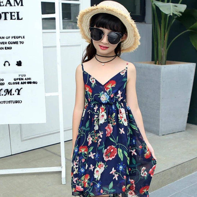 Bohemian Style Floral Sleeveless Girls Dresses Dark Blue