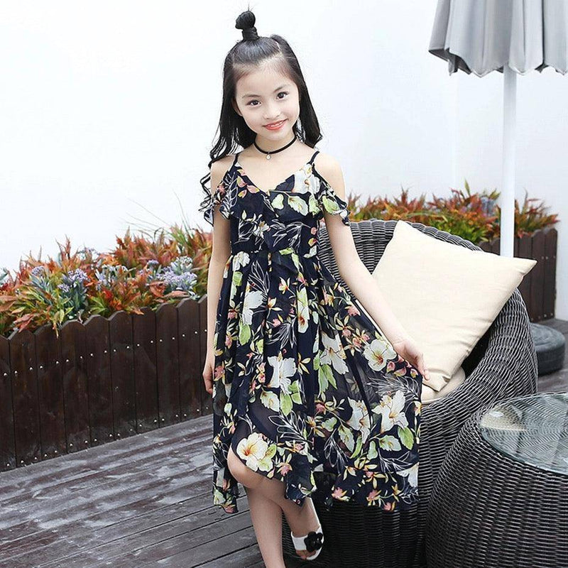 Bohemian Style Floral Sleeveless Girls Dresses Black Green