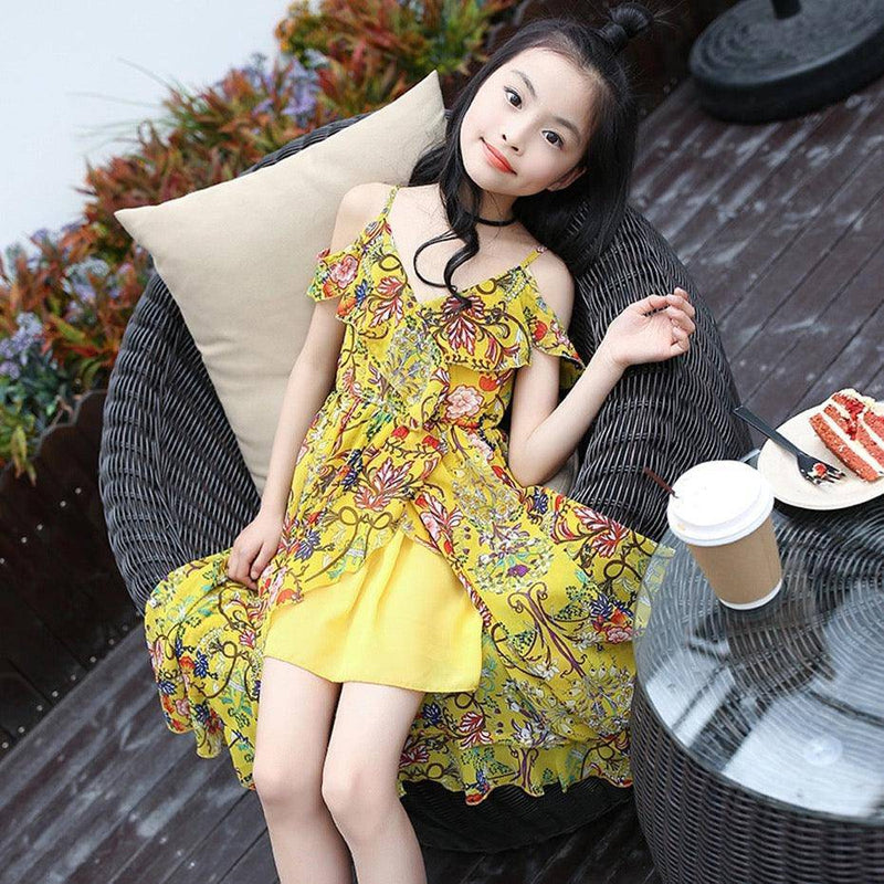 Bohemian Style Floral Sleeveless Girls Dresses Yellow