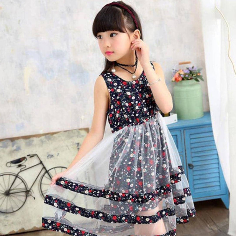 Bohemian Stylish Girls Floral Dresses Dark Blue