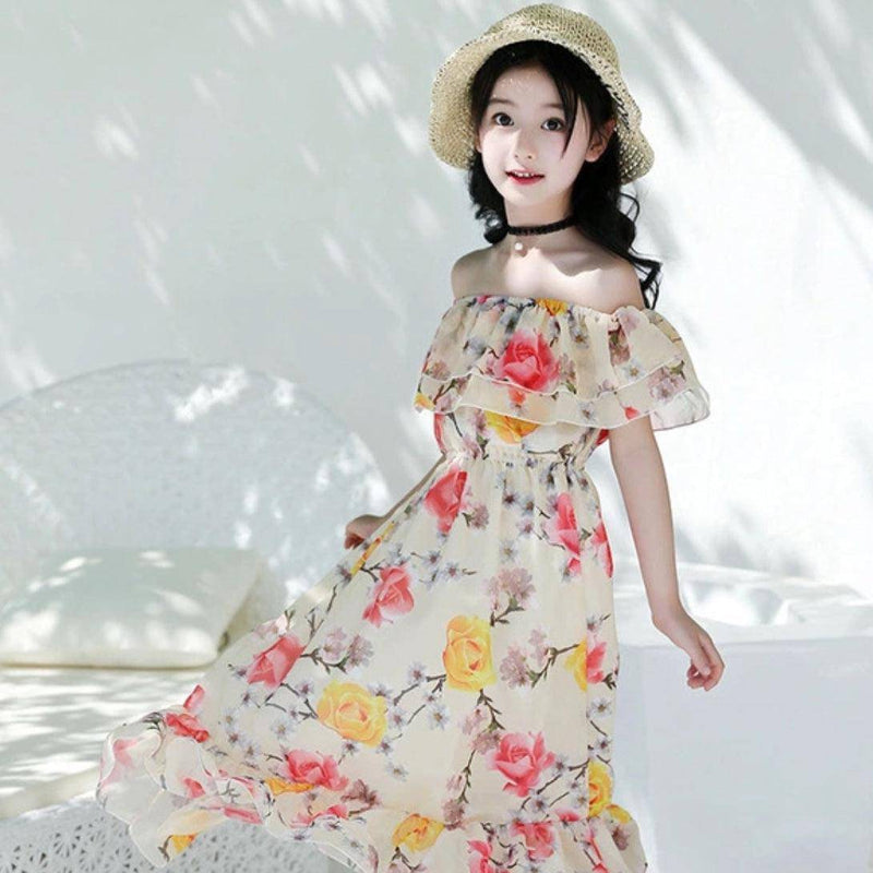 Bohemian Stylish Girls Floral Dresses Ivory