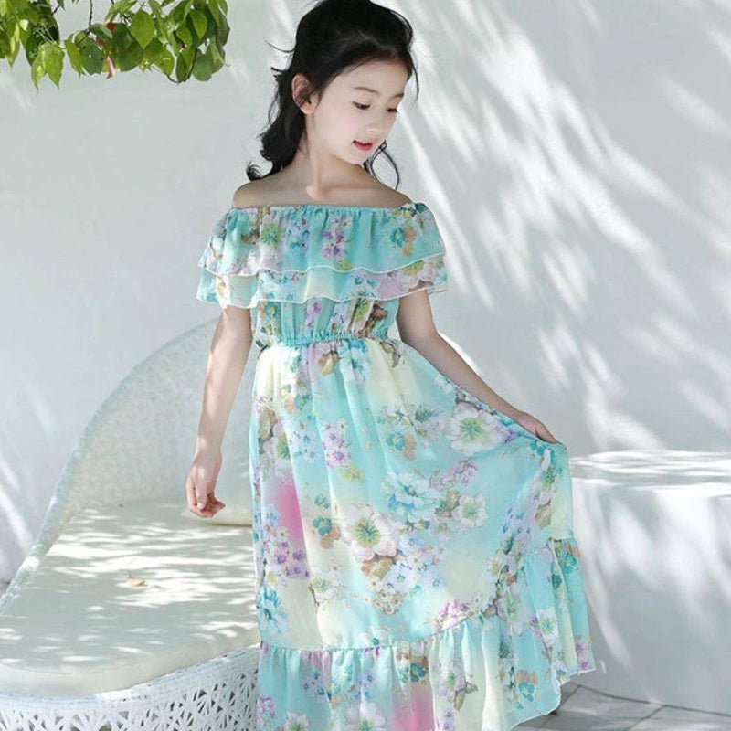 Bohemian Stylish Girls Floral Dresses Light Blue