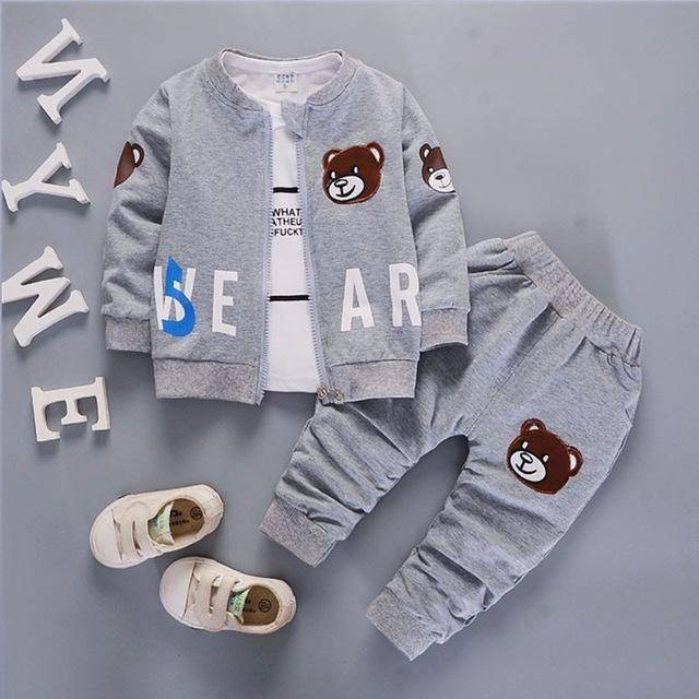 Boys Bear Head Sets Shirt Vest Coat Pants Suit Gray