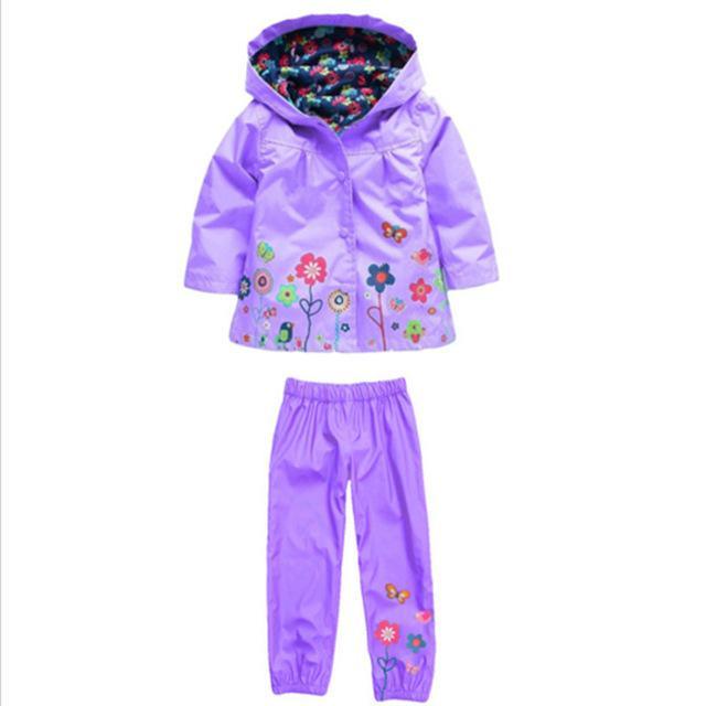 Boys Girls Hoddie Raincoat Waterproof Set Purple