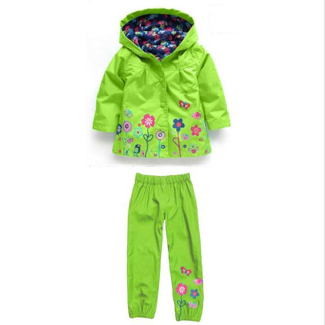Boys Girls Hoddie Raincoat Waterproof Set Light Green