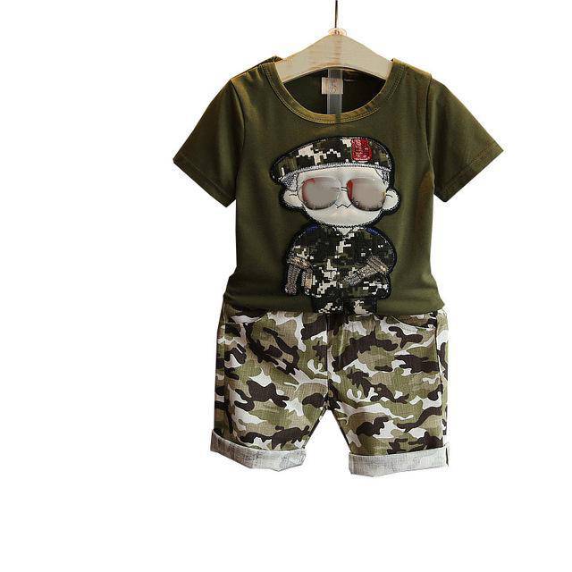 Boys Short Sleeve T Shirt Suit Camo Short ArmyGreen