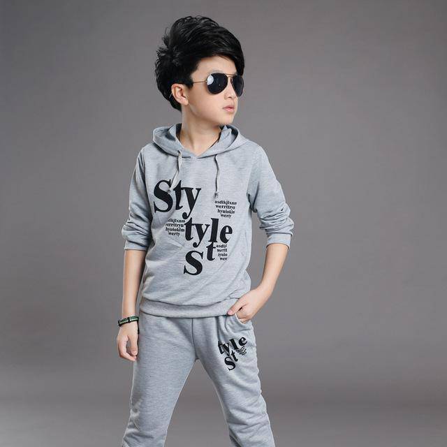 Boys cotton hooded letter tracksuit Outfit Gray