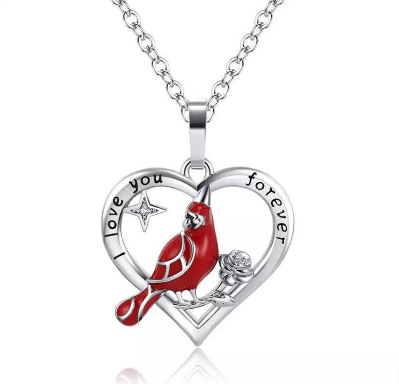 Cardinal Parrot Moon Pendant Necklace Love you forever Sliver