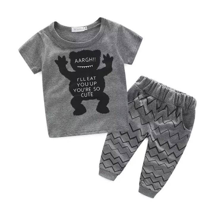 Casual Baby Tops Pants Printed Outfit Clothes Gray