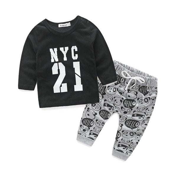 Casual Baby Tops Pants Printed Outfit Clothes Black