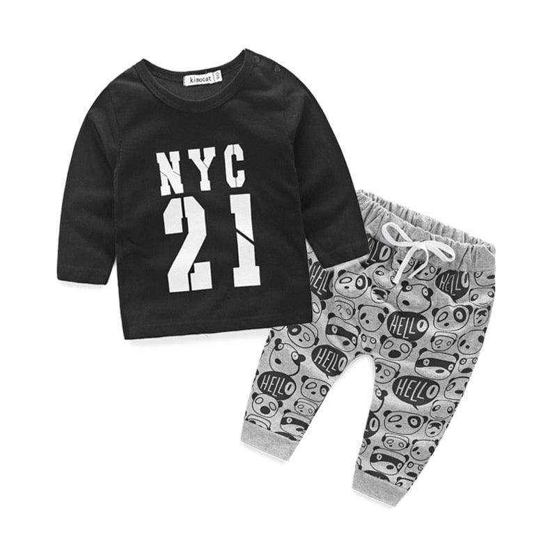 Casual Baby Tops Pants Printed Outfit Clothes Black