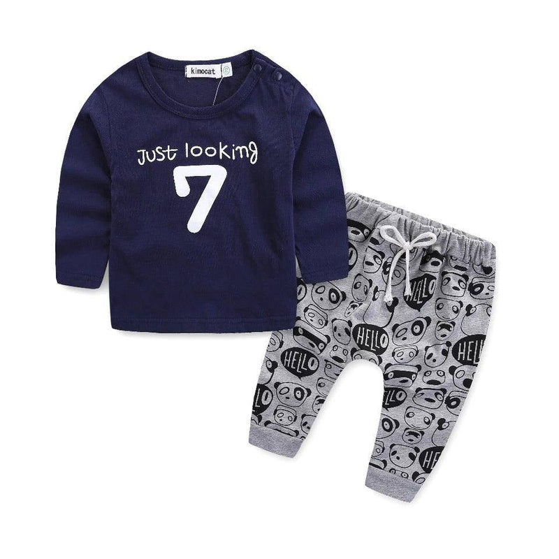 Casual Baby Tops Pants Printed Outfit Clothes Dark Blue