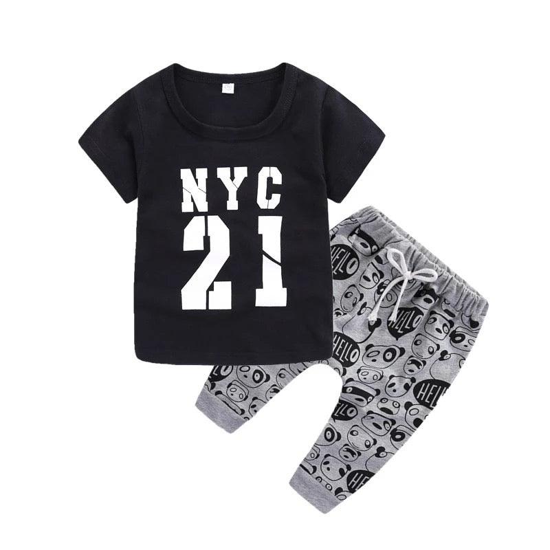 Casual Baby Tops Pants Printed Outfit Clothes Black Grey