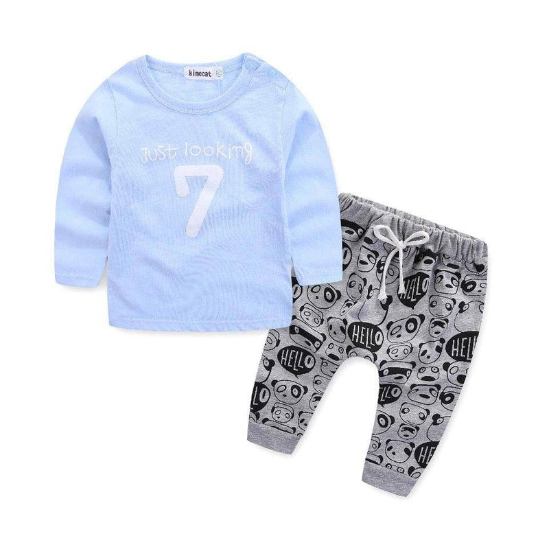 Casual Baby Tops Pants Printed Outfit Clothes Blue