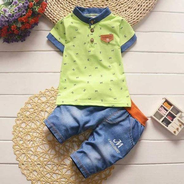 Casual Boys Sets Short Sleeve Denim Jeans Light green