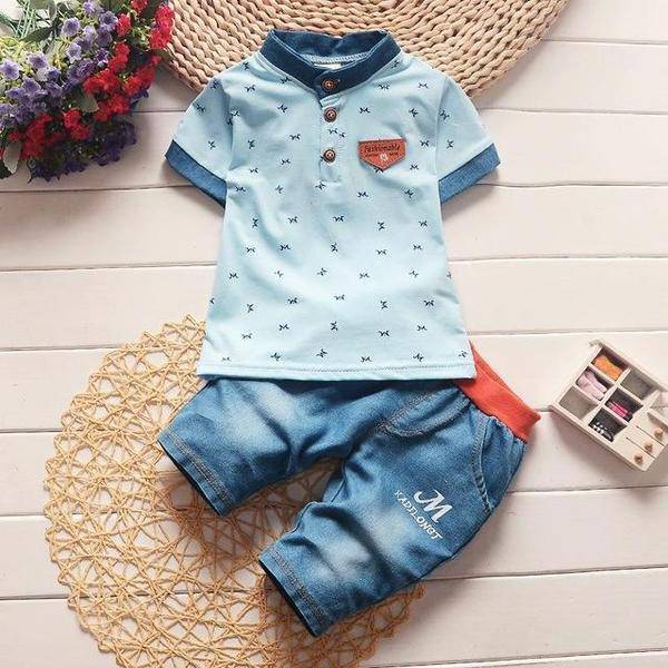 Casual Boys Sets Short Sleeve Denim Jeans blue