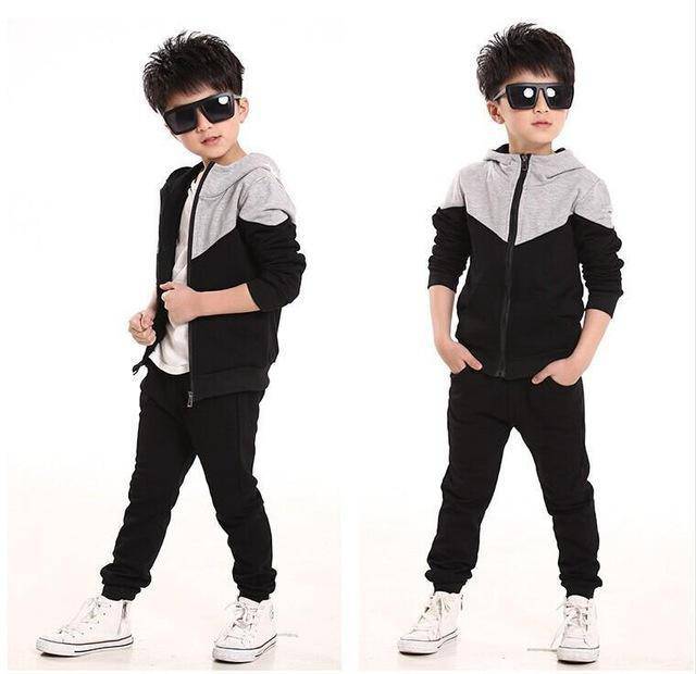 Casual Boys Tops Tracksuit Hooded Coat Long Pants Black