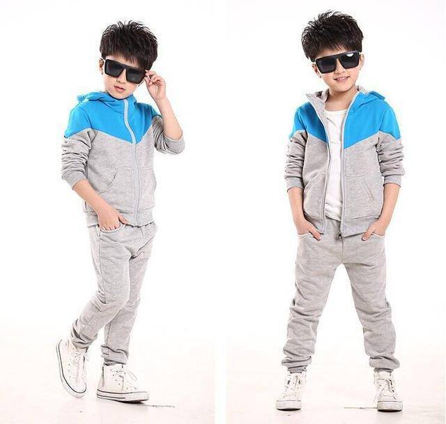 Casual Boys Tops Tracksuit Hooded Coat Long Pants Grey