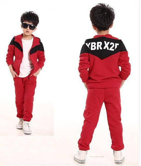 Casual Boys Tops Tracksuit Hooded Coat Long Pants Red