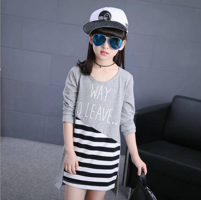 Casual Fashion Striped Dress Girls Vestidos Clothes Gray