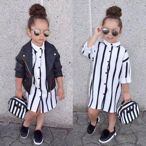 Casual Girls Striped Collar Button Clothes White